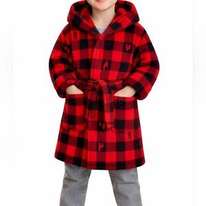 * Cat & Jack Boys Toddler Kids Hooded Wrap Fleece Plaid Robe Red And Black Sz 3T